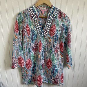 Lilly Pulitzer Shirt Womens XS Sarasota‎ Beaded Tunic Blouse Let Minnow Beach